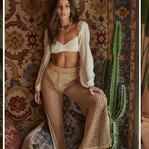12th Tribe Aidi tan crochet wide leg pants size L